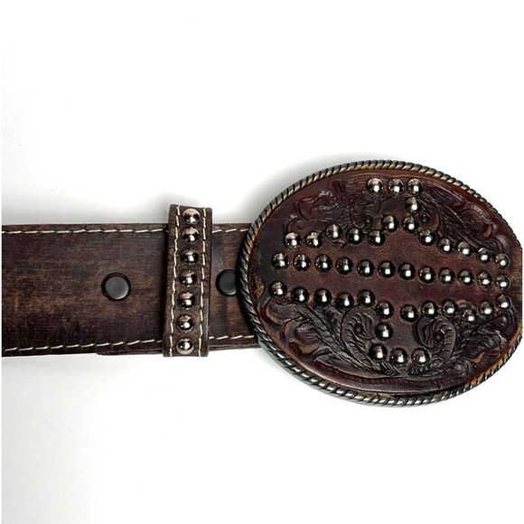 JOSE LUIS Spain Vintage Brown Leather Studded Etched Leather Buckle Belt size 34 - Picture 7 of 15
